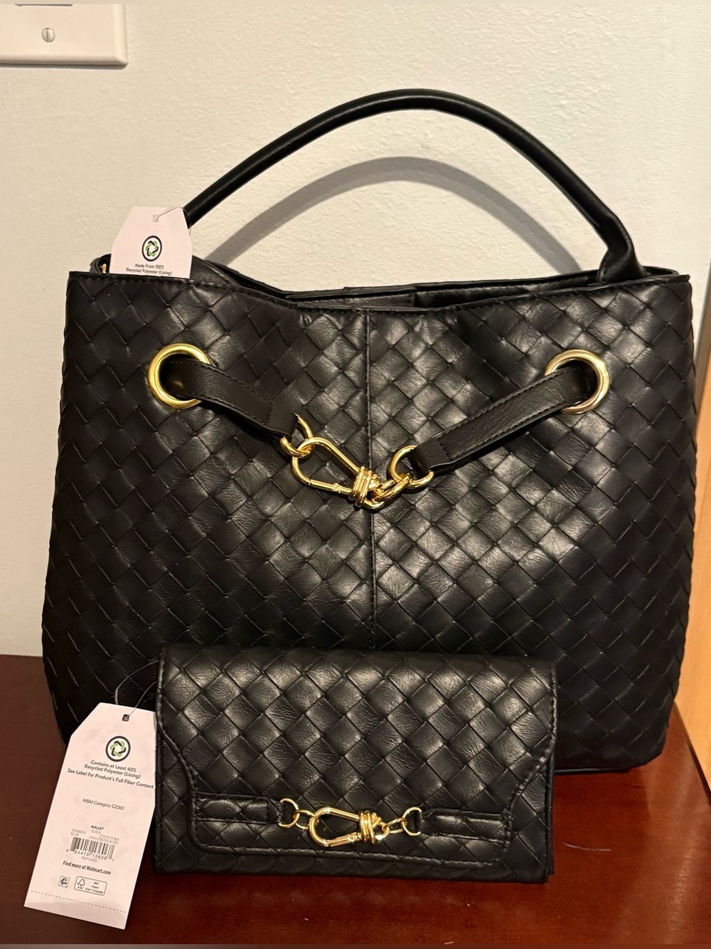 Time and True Hazel Black Woven Leather Tote and Wallet Set - Gold Hardware NWT